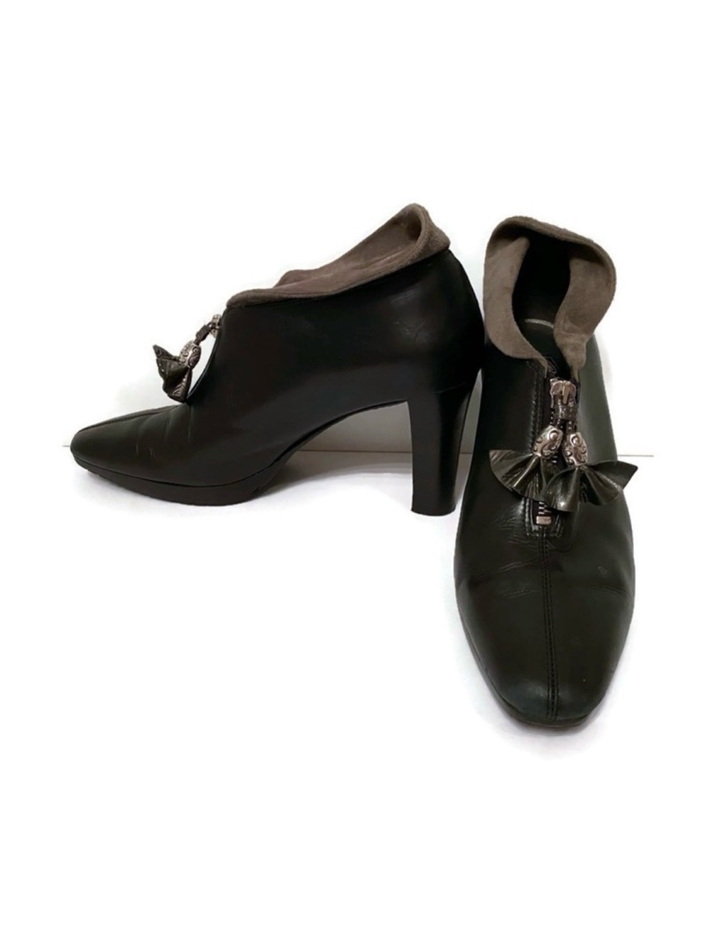 BRIGHTON SHOES HEELS ANKLE BOOTIES BLACK STACEY LEATHER GRAY SUEDE 8.5 M